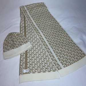 Michael Kors Scarf & Hat Set w/ Diamond Sparkly Metallic Gold MK Logo Print